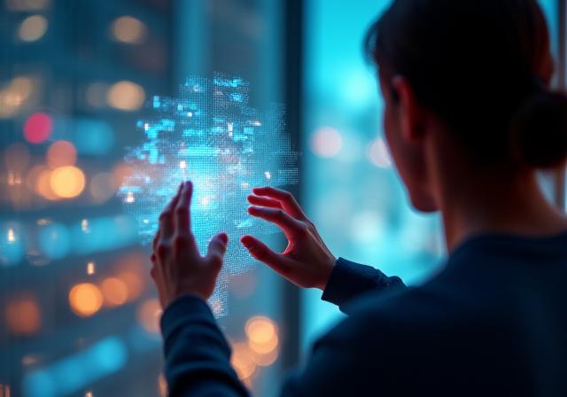 Pessoa interagindo com elementos virtuais de vídeo