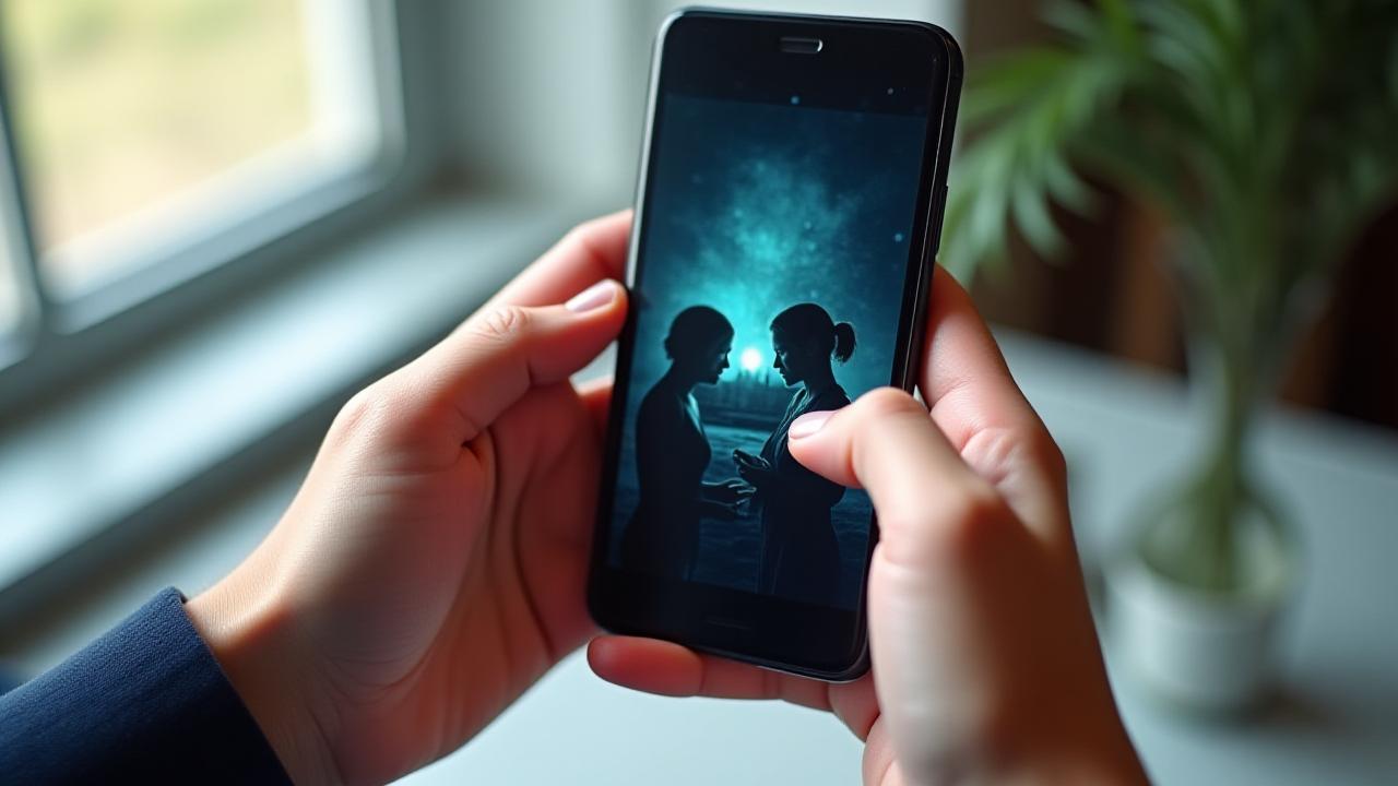 Mãos segurando smartphone exibindo uma narrativa vertical dinâmica